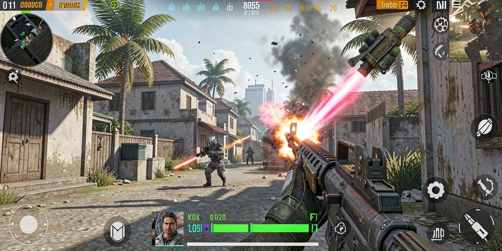 Screenshot utama dari gameplay intens di 8055 dengan aksi menembak.