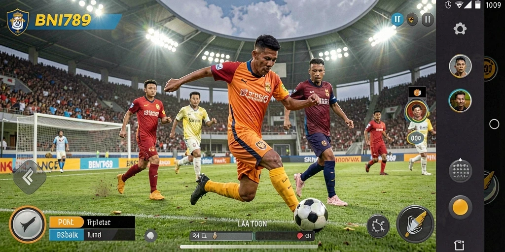 Tampilan aksi seru dalam game BNI789 saat bermain sepak bola.