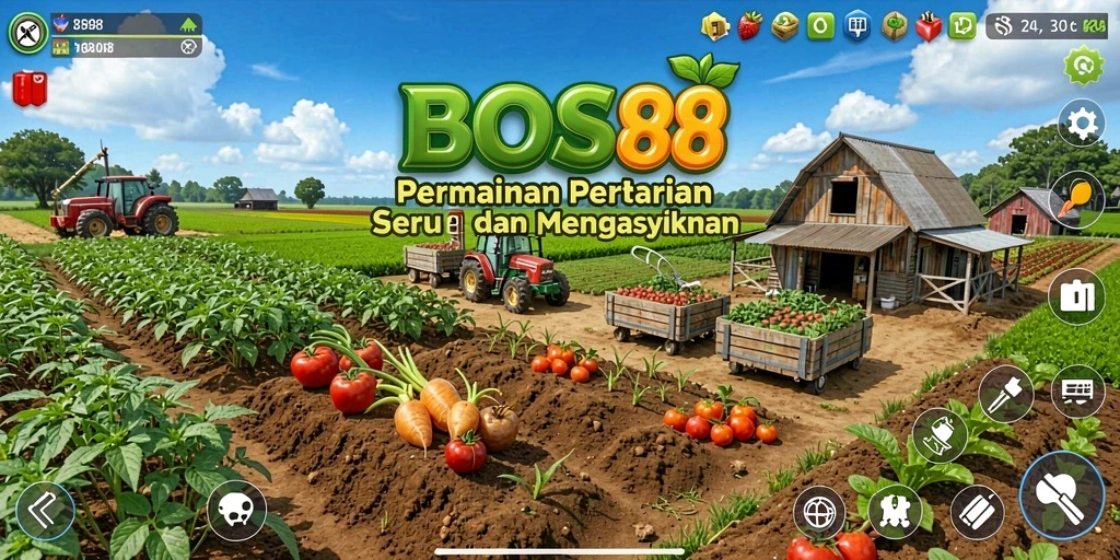 Tangkapan layar gameplay <strong>BOS88</strong> menunjukkan ladang yang subur dan aktivitas bertani.