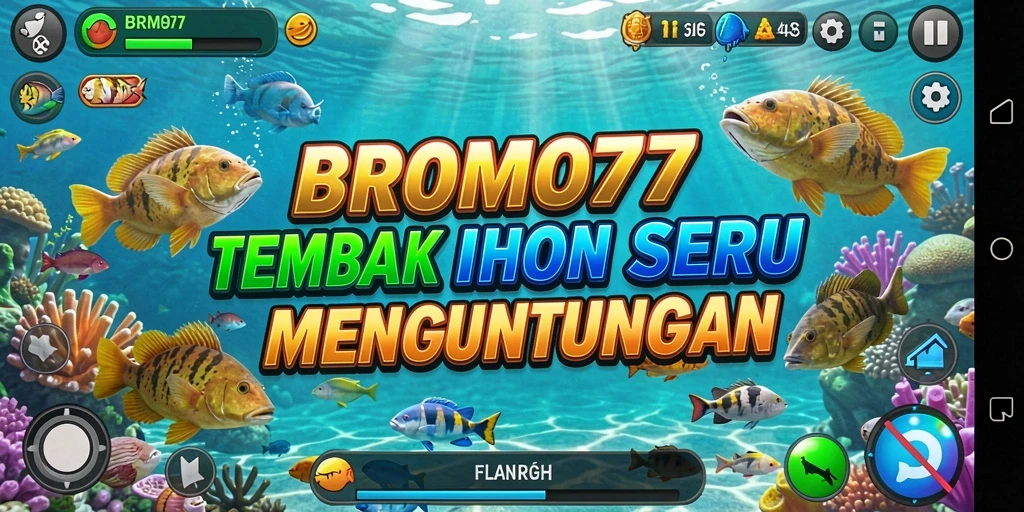 Gameplay seru BROMO77 menembak ikan berwarna-warni.
