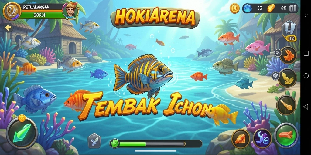 Gameplay HOKIARENA yang seru dengan banyak ikan berwarna-warni.