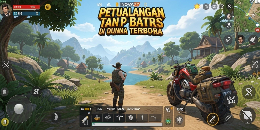 Screenshot gameplay INOVA77 dengan pemandangan indah dunia terbuka.