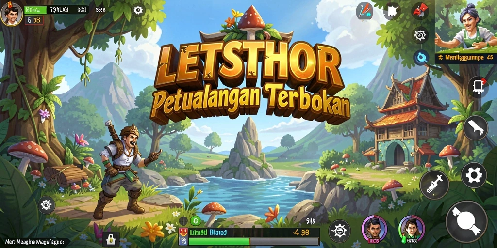 Screenshot gameplay LETSTHOR menampilkan petualangan di dunia terbuka yang luas.