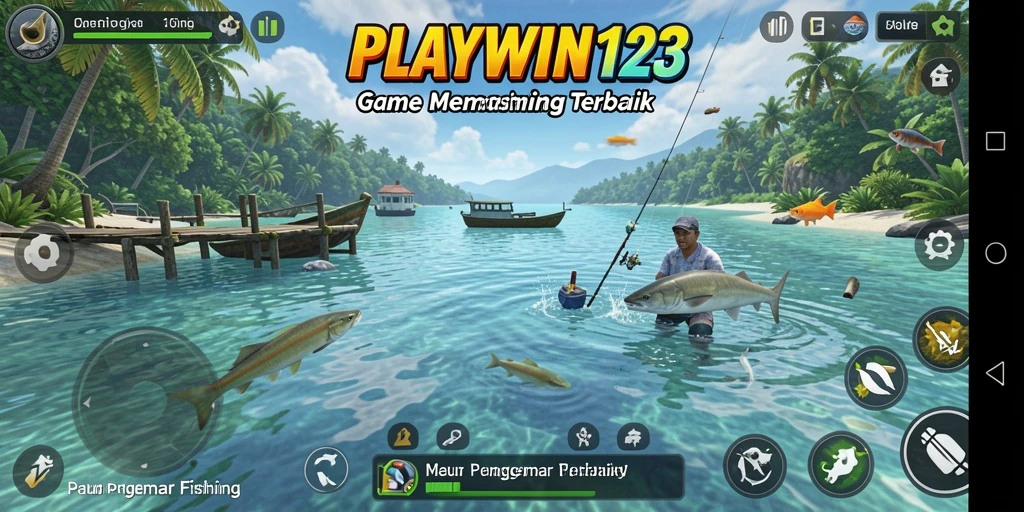 Screenshot gameplay dari PLAYWIN123 yang menunjukkan aktivitas memancing.