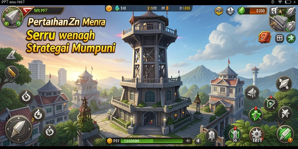 Screenshot gameplay PP7 yang menunjukkan strategi menara yang efektif.