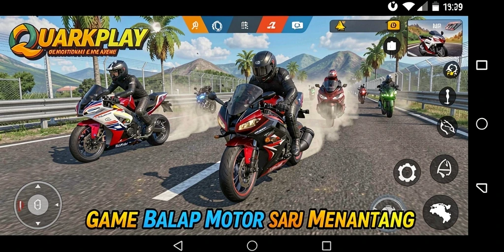 Screenshot gameplay QUARKPLAY yang menampilkan balapan motor yang intens.