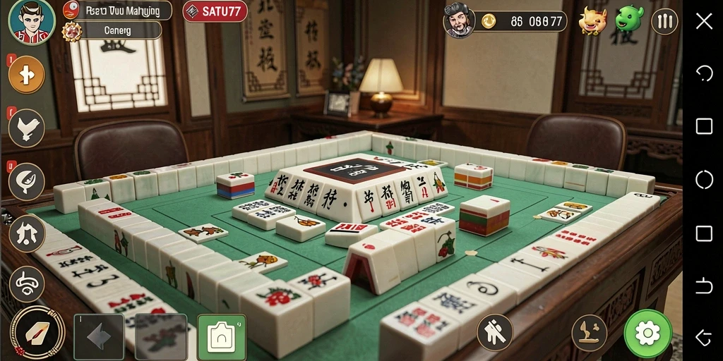 Tangkapan layar dari SATU77 menunjukkan pemain menyusun ubin Mahjong dengan cermat.