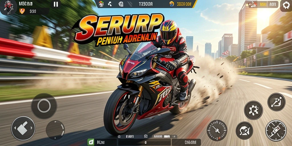 Screenshot SERURP menampilkan aksi balapan motor yang mendebarkan.