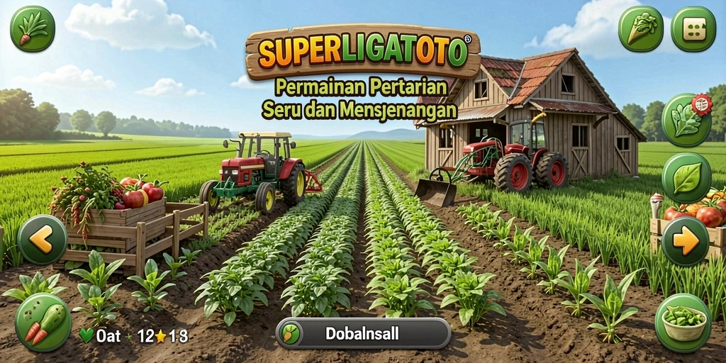 Screenshot utama dari gameplay SUPERLIGATOTO yang menampilkan kebun yang subur.